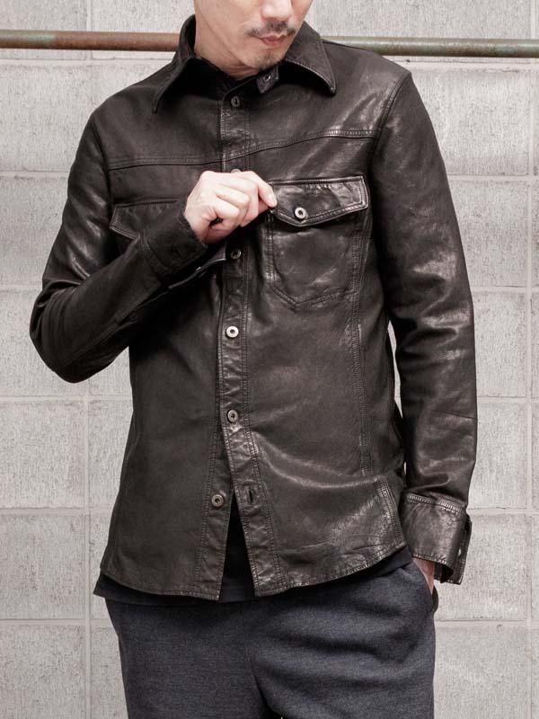 ISAMU KATAYAMA BACKLASH シワ加工レザーシャツ ISAMU KATAYAMA BACKLASH】 JAPAN CALF WET WHITE GARMENT-DYED