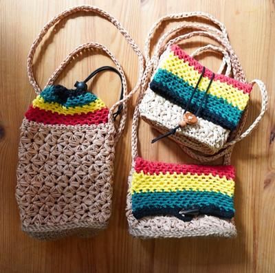 麻のレゲエ・ポシェット ハンドメイド ラスタカラー（ベージュ