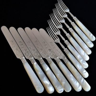 英国製スターリングシルバー 白蝶貝 両面装飾 デザートカトラリー