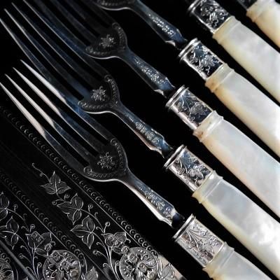 英国製スターリングシルバー 白蝶貝 両面装飾 デザートカトラリー