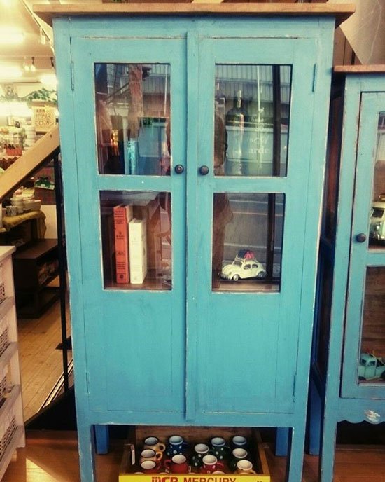 古材を使ったレトロな雑貨テイストの西海岸風75cm幅ブルー色のガラス