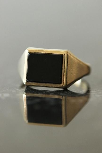 VINTAGE 英国 スクエアシェイプ BLACK ONYX ヘビーウェイト 9CT GOLD