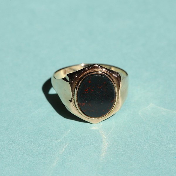 アンティーク 英国 C.1910's BLOODSTONE 9CT GOLD シグネットリング 15.5号