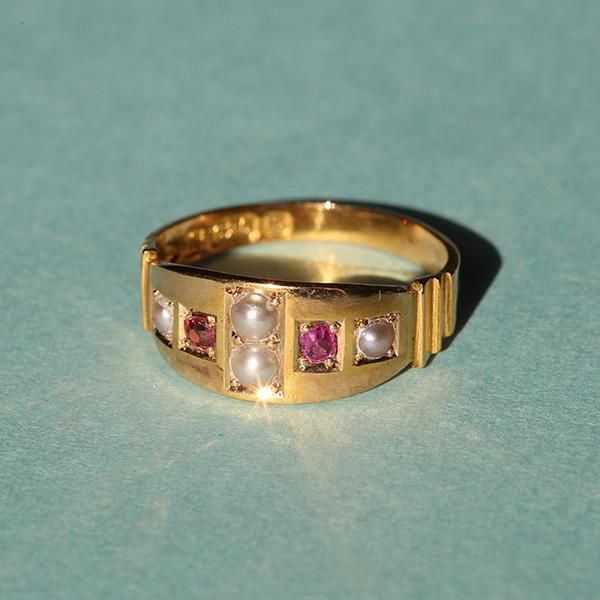 英国 1880's H&S チェスターホールマーク パール & ダブレットストーン 15CT/15K GOLD ジプシーリング JP13