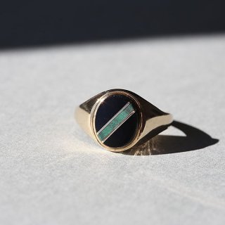 VINTAGE BRITISH 90s KR B'HAM HM MALACHITE & BLK ONYX 9CT/9K GOLD SIGNET RING JP23