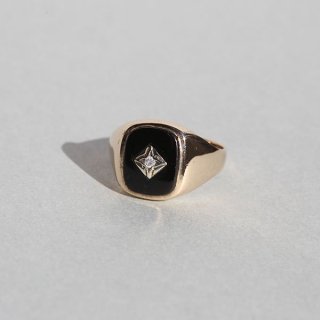 BRITISH VINTAGE 80s BJ LONDON HM DIAMOND & BLACK ONYX 9CT/9K GOLD SIGNET RING JP18.5