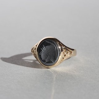 BRITISH VINTAGE 90s MJ LONDON HM HEMATITE GRECO-ROMAN KNIGHT INTAGLIO 9CT/9K GOLD SIGNET RING JP20.5