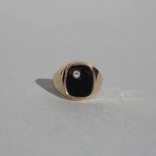 BRITISH VINTAGE 80s NBs BIRMINGHAM HM DIAMOND & BLACK ONYX 9CT/9K GOLD SIGNET RING JP14.5