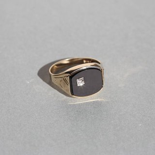 VINTAGE BRITISH 1980s SJ LONDON HM DIAMOND & BLACK ONYX 9CT/9K GOLD SIGNET RING JP18.5