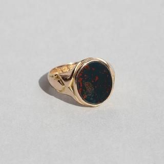 BRITISH 1872 H&U BIRMINGHAM HALLMARKED BLOODSTONE 15CT/15K GOLD SIGNET RING JP15.5