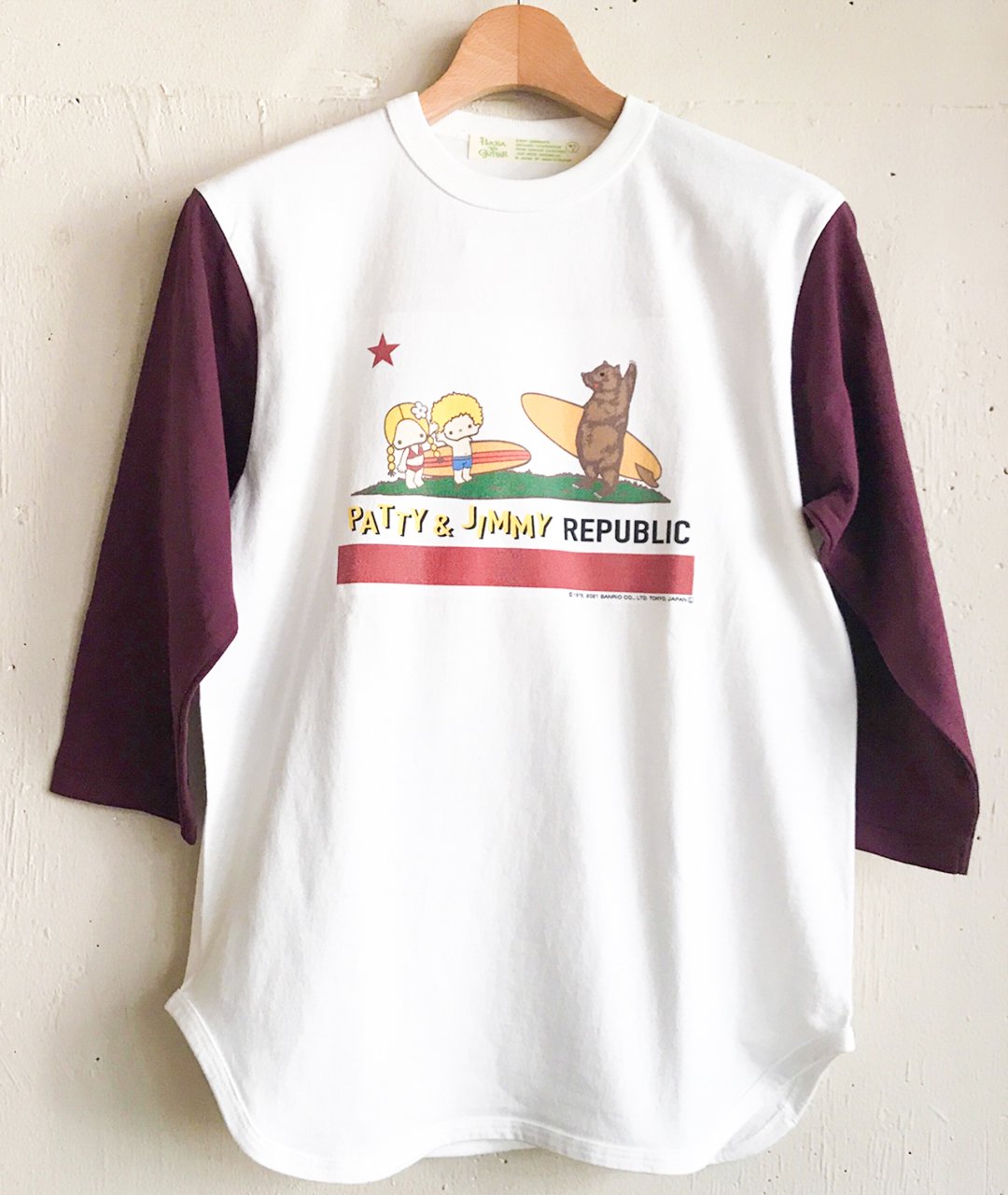 LAST1【BURGUNDY/SIZE：S】パティ＆ジミー リパブリック ベースボールTシャツ - flower&guitar