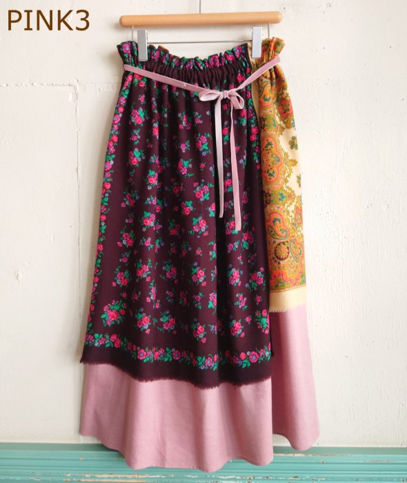 【PINK-A】REMAKE TYROLEAN SCARF LONG SKIRT with RIBBON（リメイク チロリアンスカーフスカート）