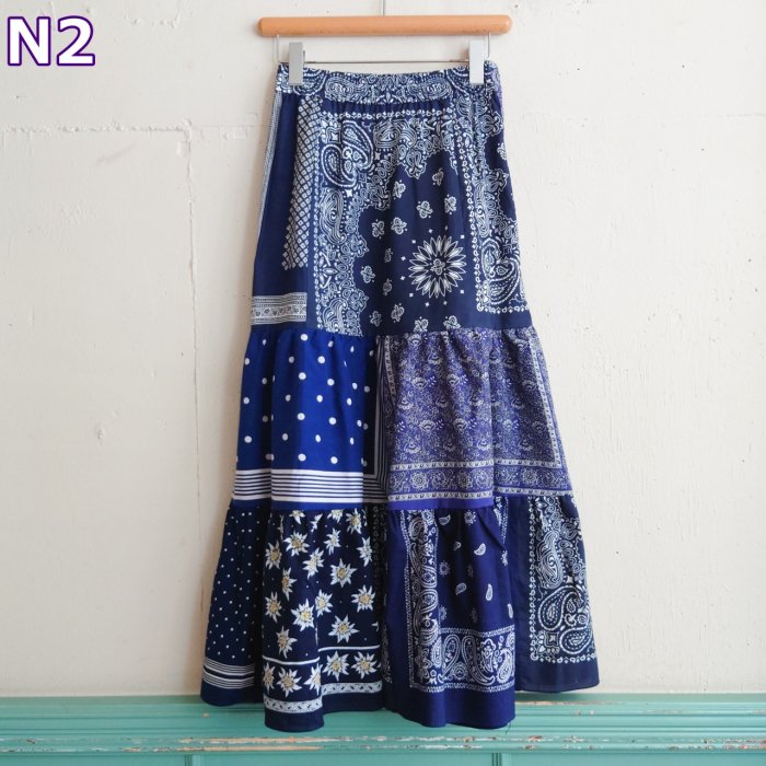 【NAVY・VINTAGE,USED】PATCHWORK TIERED SKIRT