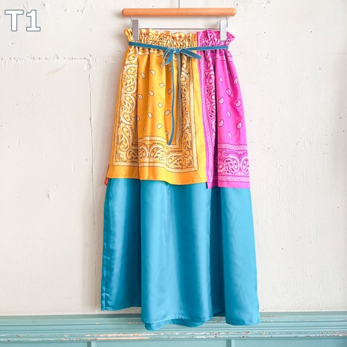 TURQUOISEREMAKE SCARF LONG SKIRT with RIBBON