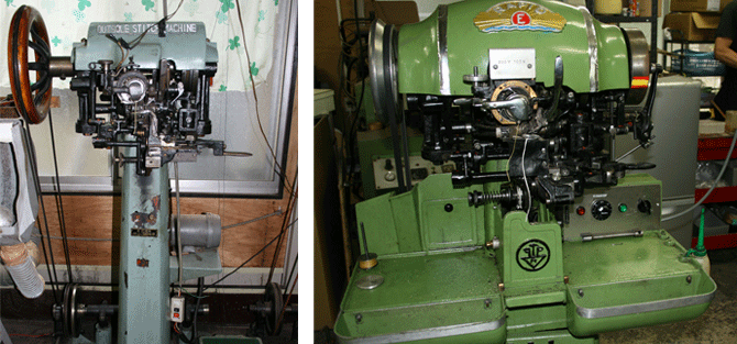 インディブーツの革をなめす機械など。縫製は日本国内の工場で、手作業で行われます。