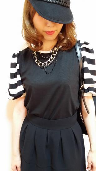 ストライプ パフスリーブTシャツ（ブラック） - 韓国ファッション通販