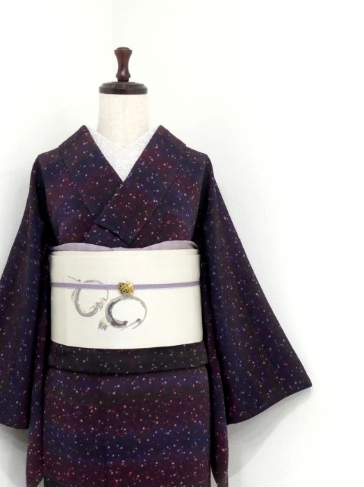 ぷりんのお家整理中着物◆単衣◆小紋◆市松◆丈167/裄68◇紫系