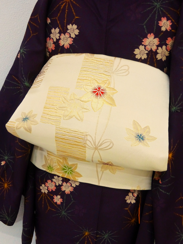 アンティーク 美品 名古屋帯 刺繍 リーフ 木の実 着物 121a o 名古屋帯