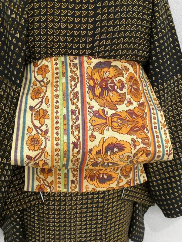 【名古屋帯】　アンティーク　アイボリー　花唐草　 レトロ　モダン　洒落帯　正絹 名古屋帯】 アンティーク アイボリー 花唐草 レトロ モダン 洒落