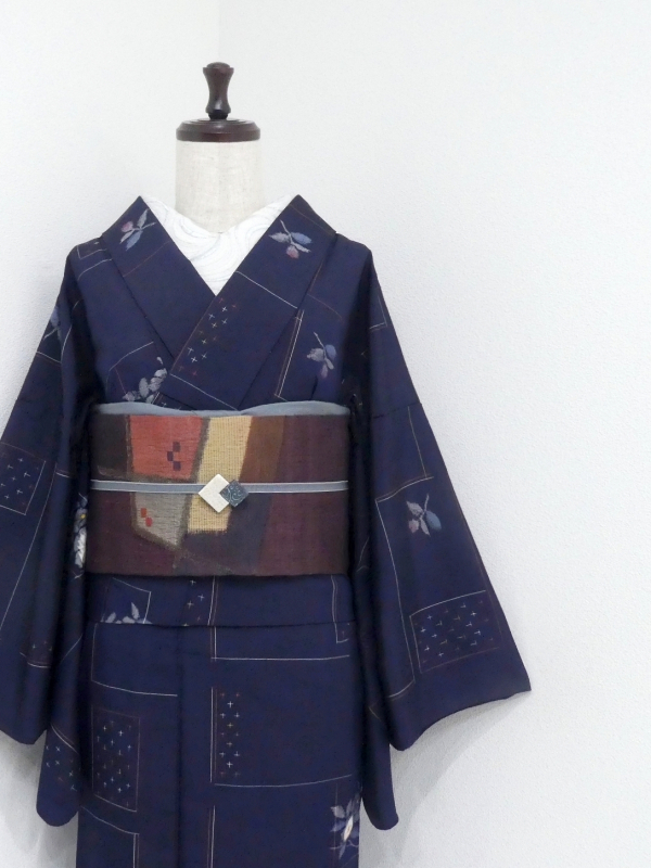 単衣　お召し　縞と十字絣　裄67.5cm　正絹 単衣在庫処分！” 【星野織物】 特選本塩沢絣 ほし乃御召し ≪単