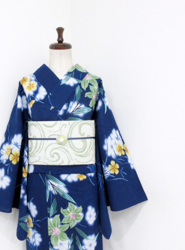 【匿名配送】紺×白　型染め夏着物　美品　裄長め 匿名配送】紺×白 型染め夏着物 美品 裄長め