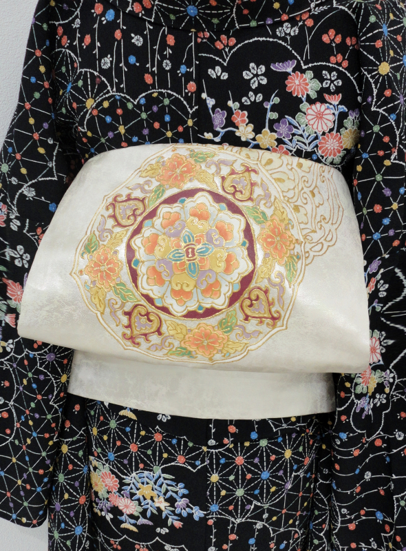 高級　正絹　洒落帯　名古屋帯　アンティーク　紬　緑系　市松模様　N1 開き名古屋帯 美品 秀品 紬地 鳥 草花 緑 正絹｜中古・古着