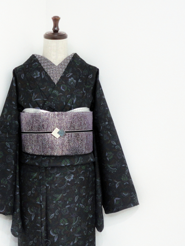【着物と帯 時流】ポ24183◆洗える着物 小紋◆未使用品 市松 裄67丈168 洗える着物 セット「袷着物：星くずに七宝墨黒＋京袋帯：薄暮の