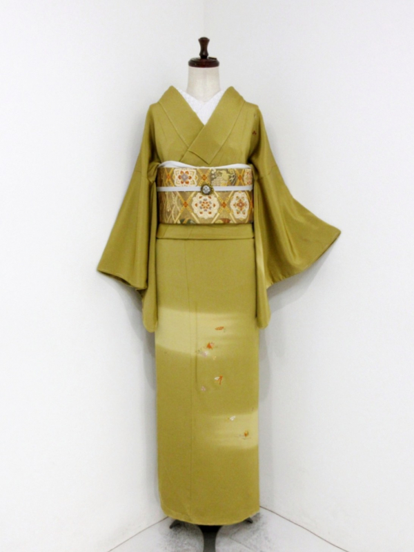未着用に近い！単衣＊たたき染め＊松葉＆銀杏＊月＊訪問着＊１５６ｃｍ＊裄６６ 単衣】手描き友禅 訪問着 椿 花柄 正絹 黄緑 水色 1190 | kimono