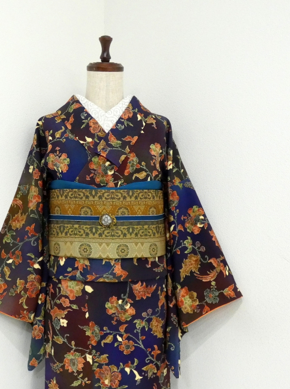 雅星本店 オリジナル半幅帯　花柄　グレー 雅星本店 －アンティーク着物リサイクル着物の通販ショップ