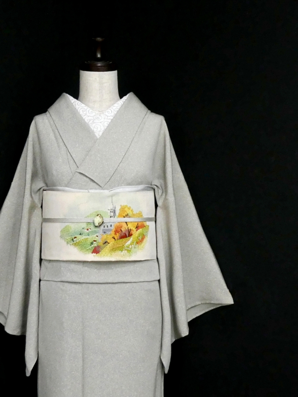 時代 古布 正絹 訪問着 単衣 アンティーク着物 明治~大正 刺繍 【美品】 ☆きものさらさ アンティーク着物帯☆絽 正絹 単衣 長襦袢 蓑