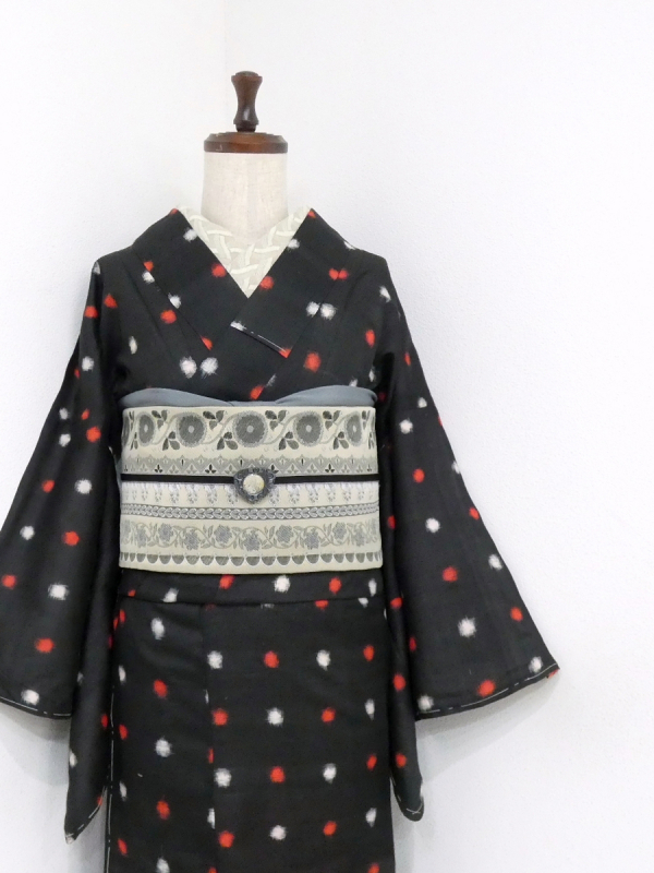 雅星本店 オリジナル半幅帯　花柄　グレー 雅星本店 －アンティーク着物リサイクル着物の通販ショップ