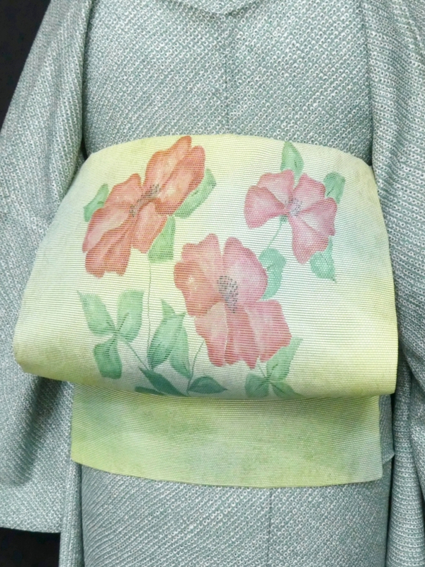 未使用品 名古屋帯 塩瀬 モスグリーン 唐花 金駒刺繍 鳥 3m71cm 正絹 翠明百合＊夏帯 絽 刺繍 白百合 ゆり ユリ グリーン 緑