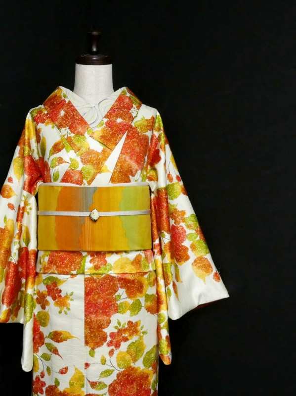 suzumushi2001　アンティーク着物　小紋 long＊単衣＊classic pattern＊扇 籠目 流水 菊 紅葉 小紋着物 A769