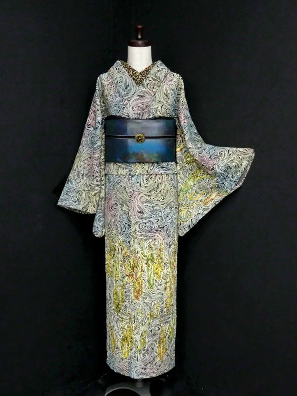 訪問着　フルセット　正絹　着物　縮緬　星　金　刺繍　花　しつけ糸　くすみ紫茶F5 b-321.jpg