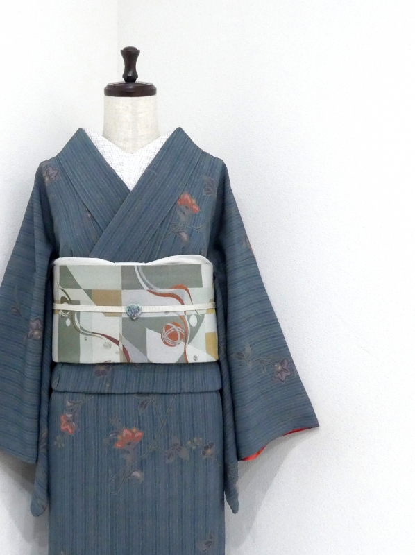 縮緬 縞小紋 丈161.5 裄67.5 きれいめ 縞模様 縮緬 裄67.5 色味