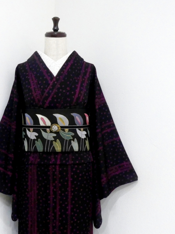 縮緬 縞小紋 丈161.5 裄67.5 きれいめ 縞模様 縮緬 裄67.5 色味