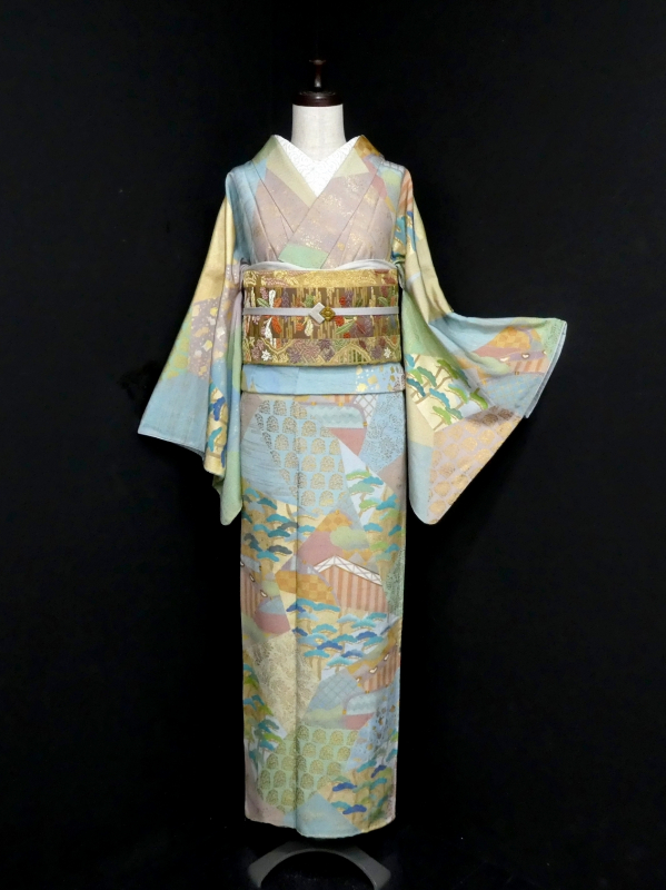アンティーク着物 ライトグレーの付け下げ訪問着 波模様 訪問着・付下げ - 雅星本店 －アンティーク着物リサイクル着物の通販