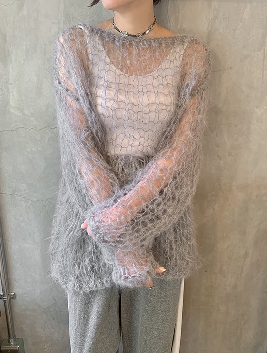 TOFFS - Gray hand knitted mohair fishnet sweater《Made in France