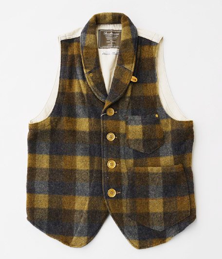  ANACHRONORM Clothing Shawl Collar Plaid Melton Vest [BROWN]