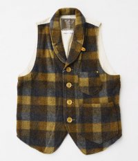  ANACHRONORM Clothing Shawl Collar Plaid Melton Vest [BROWN]