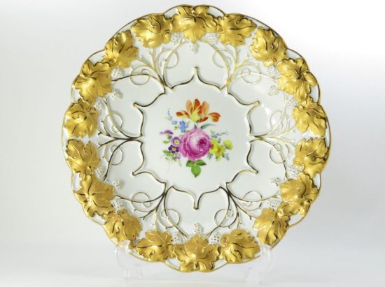 マイセン 1級品 グランツゴールド 飾り皿 フラワーブーケ 五つ花 金彩 黄緑
