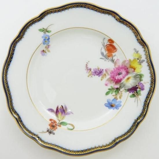 【古マイセン】コバルト 金彩 波カンテ／透かし 皿 プレート「ブーケと昆虫」 古マイセン】コバルト 金彩 波カンテ／透かし 皿 プレート「ブーケと