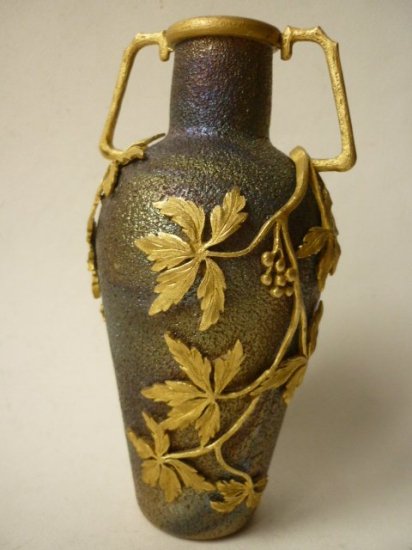 アールヌーボー 花瓶 色ガラス ベース 虹彩 イリデッセント アート 壺