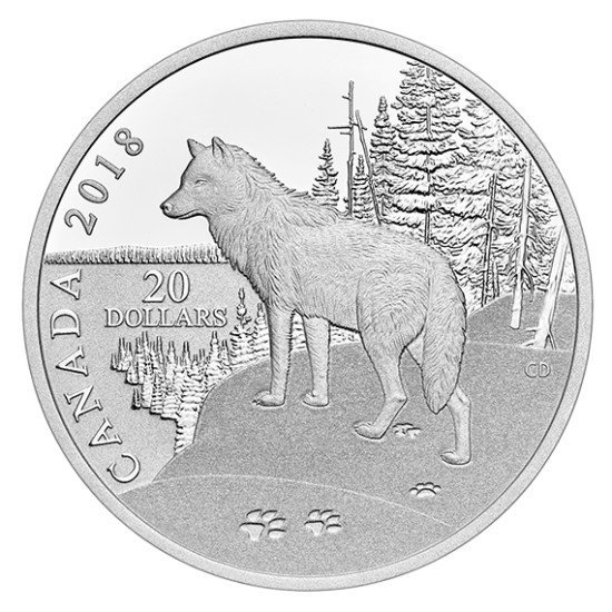2018 カナダ オオカミ銀貨 1oz 足跡柄エッジ 箱付き 新品未使用 - 野口 