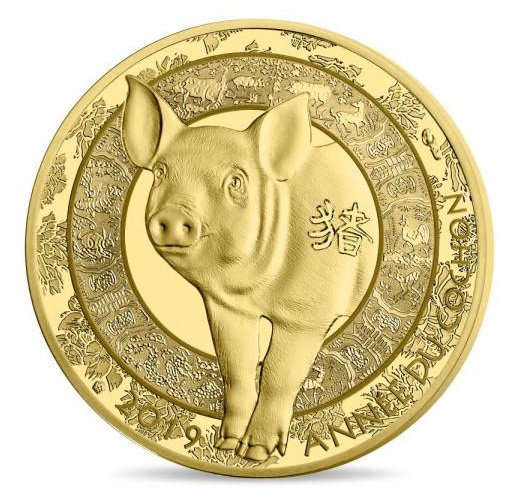 2019 フランス 干支：亥(イノシシ)年 50ユーロ金貨 1/4オンス プルーフ 箱とクリアケース付き 新品未使用 【Proof】【特選】 - 野口 コイン株式会社