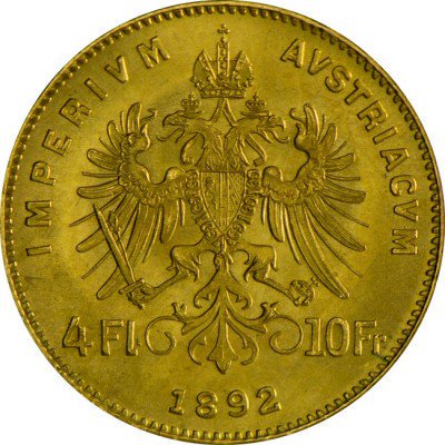 1892 オーストリア 4グルテン 金貨 リストライク（再製造） 19mm