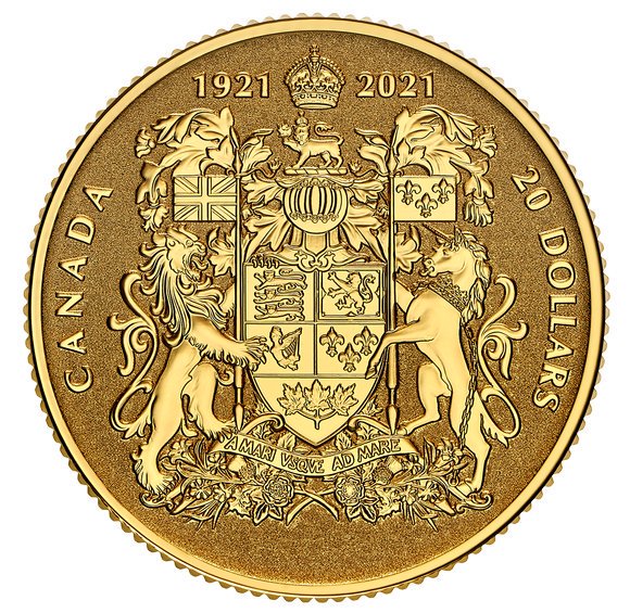 2021 カナダ カナダ国章100周年記念 20ドル金貨 1/10オンス 反転 ...