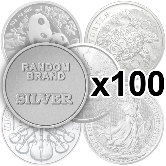 ランダムブランド銀貨 新品未使用 【30g~1oz】x【100枚】セット - 野口