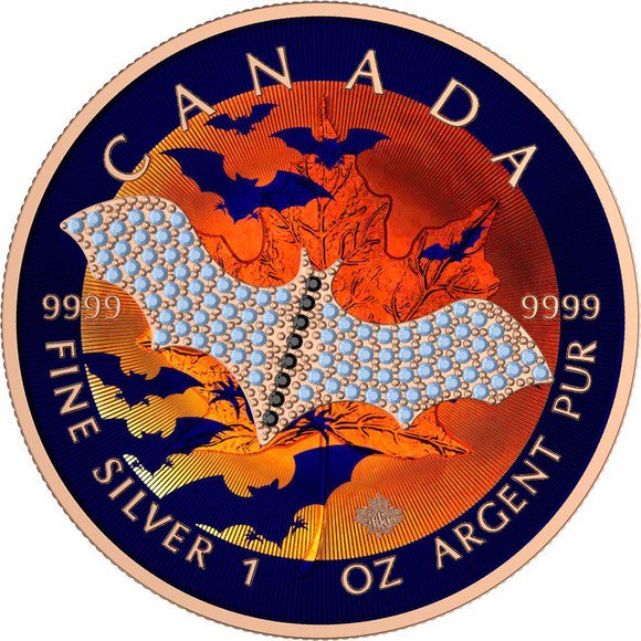 2022 1オンス カナダ 青いコウモリ-宝飾メイプルリーフ銀貨 加工追加
