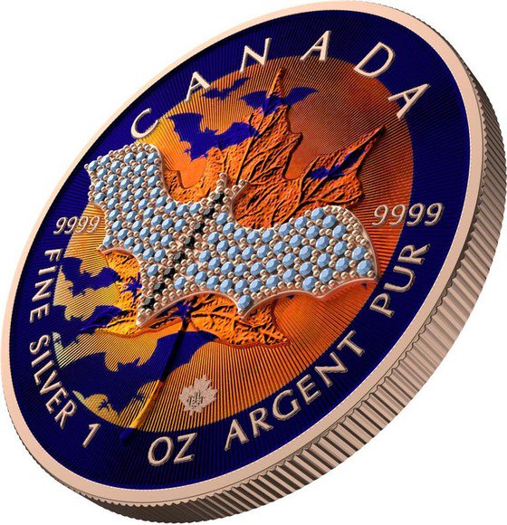 2022 1オンス カナダ 青いコウモリ-宝飾メイプルリーフ銀貨 加工追加